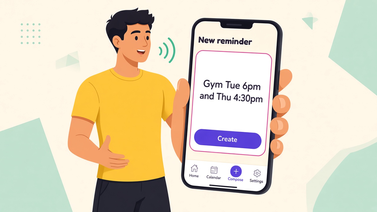 A person speaks into Knotific to schedule gym time. The phone reads: Gym Tue 6pm and Thu 4:30pm.