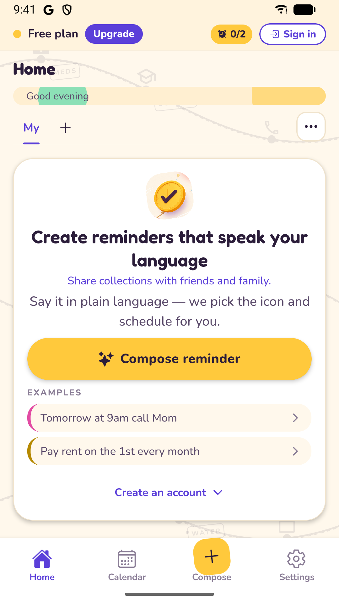 Home screen of Knotific on free plan, ready to compose a reminder